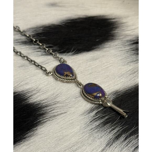 Native American Sterling Silver Purple Mojave 2 Stone Lariat Dangle Necklace - Picture 3 of 11